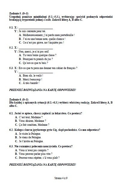Egzamin gimnazjalny z języka francuskiego POZIOM PODSTAWOWY