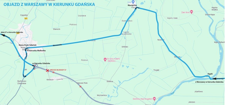 Objazd z Warszawy w kierunku Gdańska