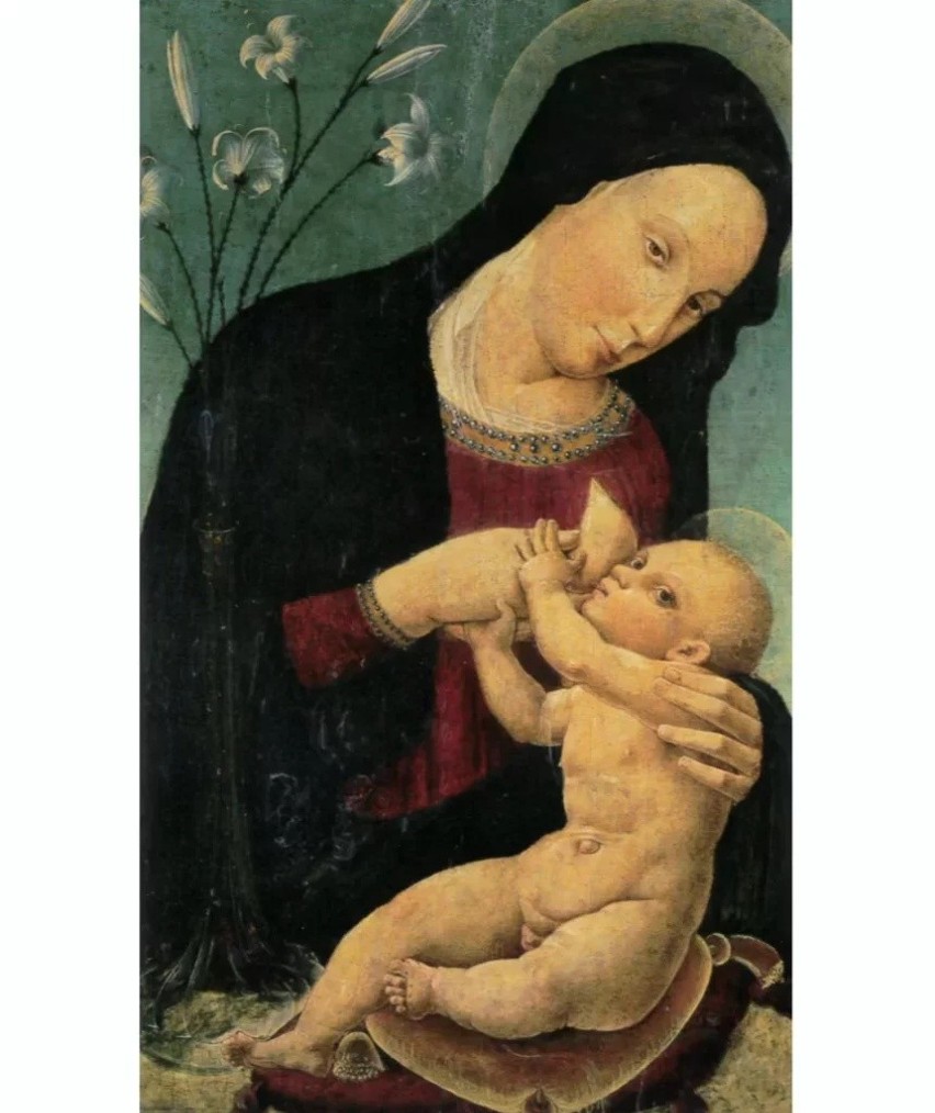 Madonna z Dzieciątkiem i liliami na tle krajobrazu