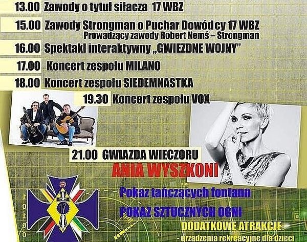 W sobotę w Wędrzynie pod Sulęcinem odbędzie się święto 17. Wielkopolskiej Brygady Zmechanizowanej. Jedną z licznych atrakcji będzie koncert Ani Wyszkoni i pokaz tańczących fontann.