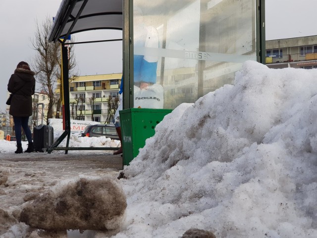 Błoto i zwały śniegu - taki krajobraz towarzyszył mieszkańcom Torunia nie tylko na przystankach autobusowych.