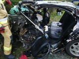 Groźny wypadek w Mierzeszynie 17.10.2020. Samochód wjechał w drzewo. Dwie osoby ranne. Zdjęcia