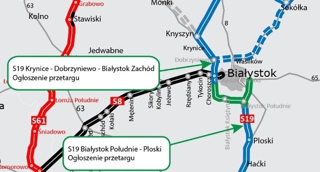 Zielonym kolorem zaznaczono przebieg południowo-zachodniej obwodnicy Białegostoku z odnogą wschodnią do Grabówki. Odcinek od węzła Białystok Zachód do węzła Księżyno chciała budować turecka firma Kolin