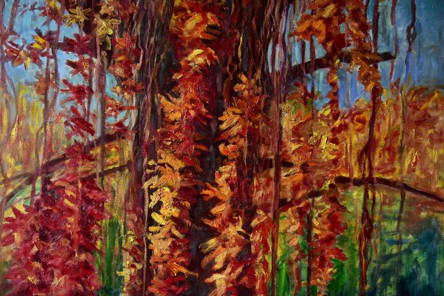 Fragment obrazu „Moje ulubione drzewo” (olej na płótnie, 115 x 160 cm, 2018 r.), który Justyna Jułga pokaże na wernisażu. Drzewo, które zainspirowało artystkę, rośnie na Jachcicach