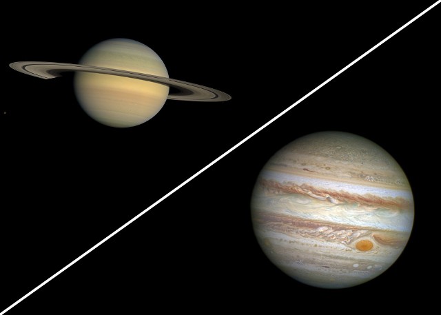 Po prawej Jowisz (zdjęcie wykonane przez Kosmiczny Teleskop Hubble’a w 2014 roku) po lewej Saturn (zdjęcie z sondy Cassini - lipiec 2008). Na kolejnych zdjęciach w galerii zamieszamy fotografie opublikowane na Instagramie przez miłośników astronomii, które przedstawiają koniunkcję obu planet. ▶ Przejdź, by oglądać.