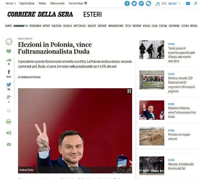 „Corriere della Sera”: Wybory wygrywa ultranacjonalista Duda...