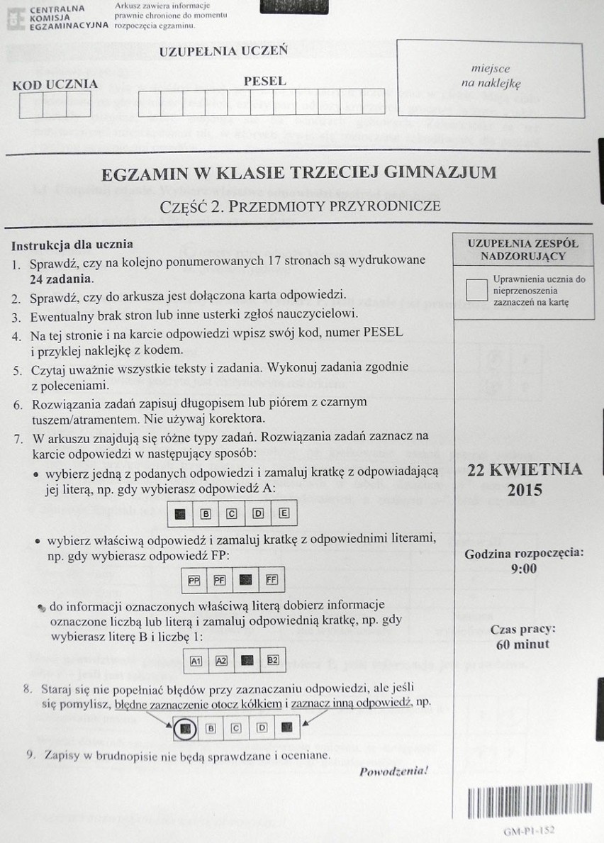 Egzamin gimnazjalny 2015. Przedmioty przyrodnicze