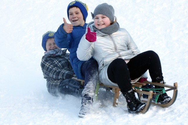 Dobre warunki na stoku w Osadzie Grud na grudziądzkim osiedlu Strzemięcin zachęcają młodych miłośników "sportów" zimowych do ich uprawiania.