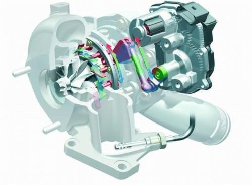 Fot. Audi: Turbosprężarka o zmiennej geometrii stosowana w silnikach wysokoprężnych Audi ze zmianą kąta nachylenia łopatek kierujących spaliny na wirnik turbiny.