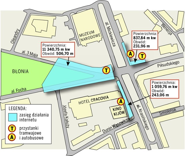To tylko niewielka część Krakowa, gdzie będzie działał darmowy internet. Łącznie w Krakowie ma funkcjonować 26 lokalizacji z darmowym dostępem do sieci.