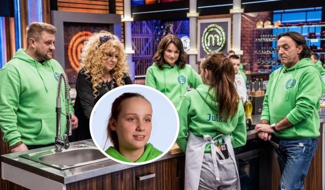 Julia Bednarczyk z jurorami MasterChef Junior i Magdą Gessler.