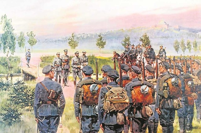 Wymarsz Pierwszej Kompanii Kadrowej z Oleandrów w Krakowie 6 sierpnia 1914 na obrazie Jerzego Kossaka
