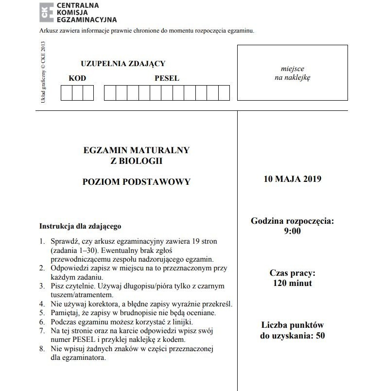 BIOLOGIA 2019 ARKUSZE CKE MATURA 2019 Z BIOLOGII ARKUSZE CKE