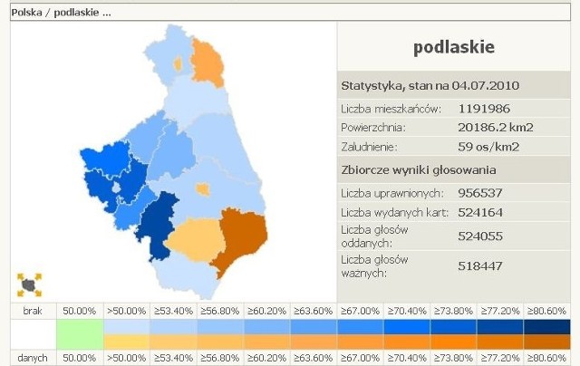 Tak głosowało województwo podlaskie. Kolor niebieski - poparcie dla Kaczyńskiego, pomarańczowy - dla Komorowskiego