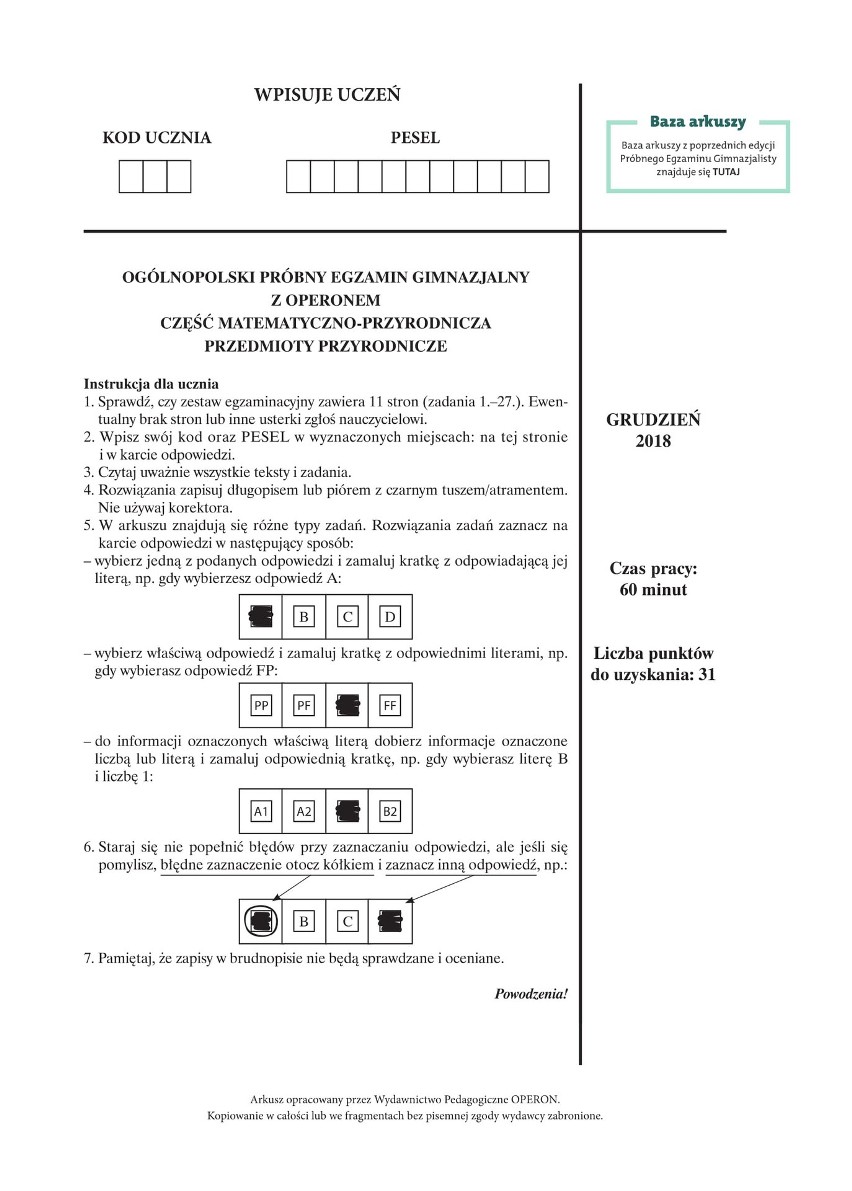 Próbny egzamin gimnazjalny 2018 OPERON: część przyrodnicza