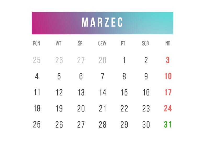 KALENDARZ NIEDZIEL HANDLOWYCH 2019 MARZEC