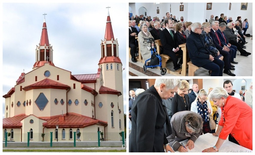 Projektanci i fundatorzy kościoła, liczni parafianie, w tym...