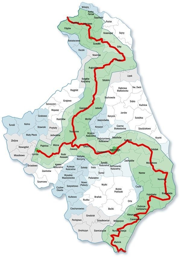 Kolorem czerwonym zaznaczyliśmy planowany szlak rowerowy przebiegający przez województwo podlaskie. Kolorem zielonym obszar, w którym trasa rowerowa mogła być  wyznaczona