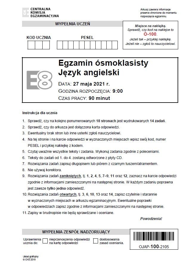 Egzamin ósmoklasisty 2021: Język angielski. Arkusze CKE...