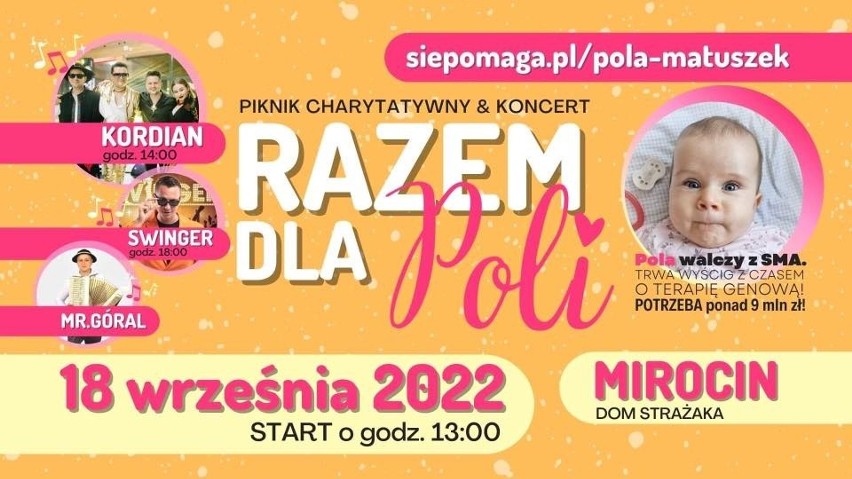 Piknik charytatywny i koncert Razem Dla Poli w Mirocinie. Dziewczynka choruje na SMA, nieuleczalną, postępującą chorobę