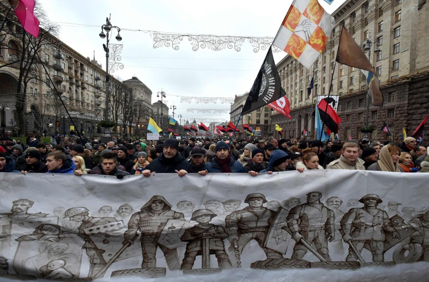 Demonstracja 10 grudnia 2017 w Kijowie. Protestujący...
