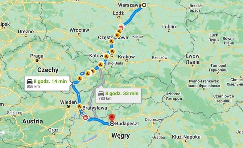 Z Polski (Warszawa) do Węgier (Budapeszt) - 858 km...