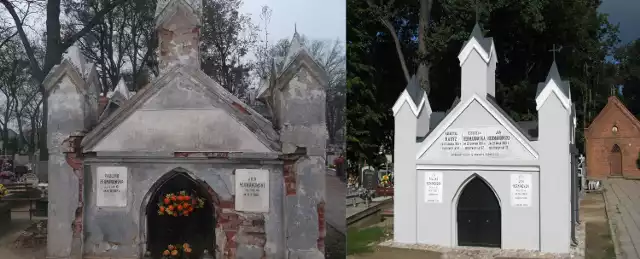 Na zdjęciu z lewej: tak do niedawna wyglądał grobowiec rodziny Hermanowskich, z prawej - obiekt po renowacji.