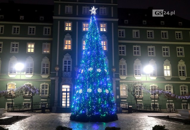 Choinka przed szczecińskim urzędem ma ponad 12 metrów wysokości, a u podstawy niemal 5 metrów średnicy. Na choince jest ponad 10 tys. świetlnych ozdób. Czubek bożonarodzeniowego drzewka wieńczy podświetlana gwiazda. Zamek Książąt Pomorskich również został świątecznie podświetlony i ozdobiony. POLECAMY RÓWNIEŻ: Jarmark Bożonarodzeniowy w Szczecinie 2019 - PROGRAM