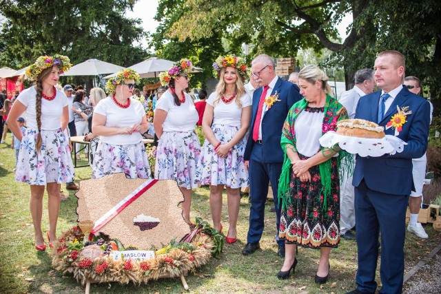 Wójt gminy Masłów Tomasz Lato podziwiał dożynkowe wieńce, które prezentowano w Ciekotach.