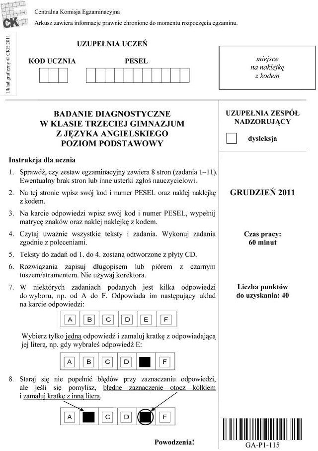 Próbny egzamin gimnazjalny 2012: język angielki - test
