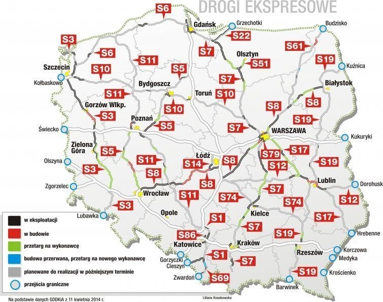 Polskie drogi ekspresowe istniejące, budowane i planowane -...