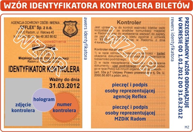 Wzór identyfikatora kontrolera biletów w Radomiu.