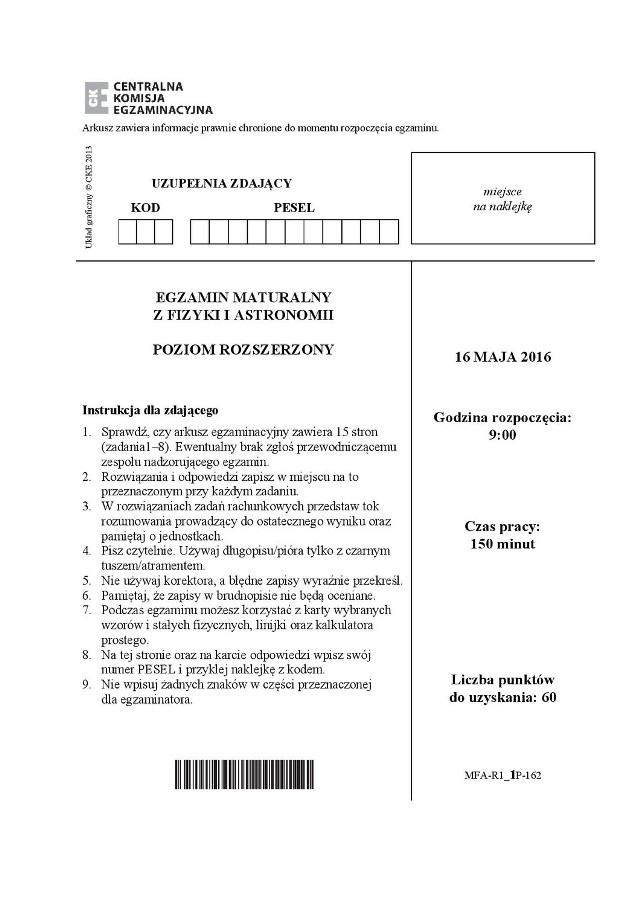 Matura 2016: FIZYKA I ASTRONOMIA rozszerzona [ODPOWIEDZI, ARKUSZ CKE]