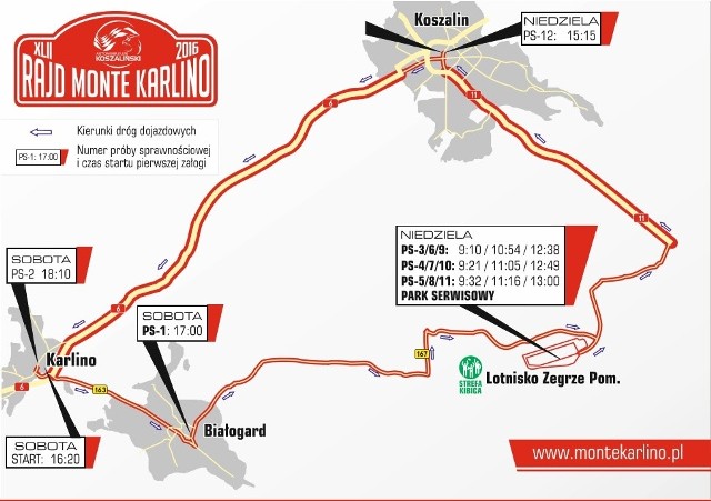 Trasa tegorocznego Rajdu Monte Karlino. Wszystko zacznie się na białogardzkiej starówce. Później zawodnicy pojadą do Karlina. W niedzielę odcinki specjalne w Zegrzu Pomorskim oraz ostatni w centrum Koszalina.