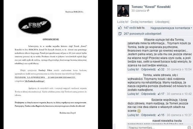 Oświadczenie rodziny i przyjaciół Tomka (fot. screen z Facebook.com)