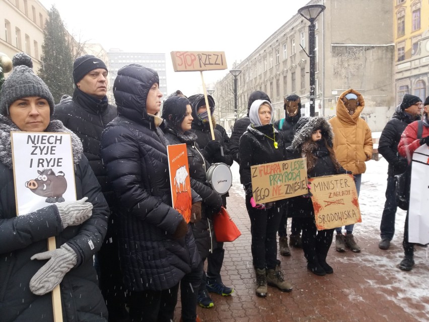 Demonstracja w pasażu Schillera w Łodzi przeciw polowaniom na dziki