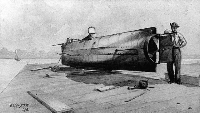 Grafika z 1902 roku, przedstawiająca łódź podwodną od rufy. H.L. Hunley &#8211; pierwszy w historii okręt podwodny, który przeprowadził zakończoną powodzeniem operację zatopienia okrętu przeciwnika. Wykonany z żelaza i napędzany ręcznie okręt o wyporności 6,8 tony, zdolny był do prowadzenia działań bojowych w całkowitym zanurzeniu i pływania z prędkością 4 mil morskich na godzinę, zaś jego uzbrojenie stanowiła mina holowana bądź wytykowa.