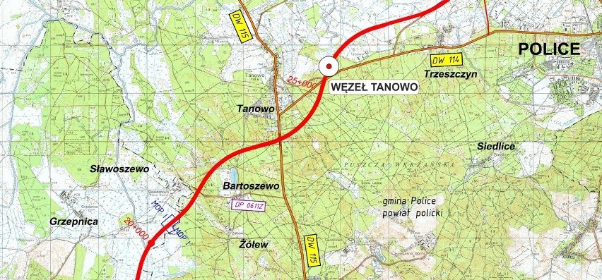 Węzeł Tanowo na przecięciu z drogą wojewódzką nr 114.