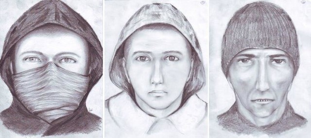 Od lewej: portret pamięciowy podejrzanego o napad na bank przy ul. Niemierzyńskiej oraz dwóch podejrzanych o napad na placówkę banku przy al. Wyzwolenia.