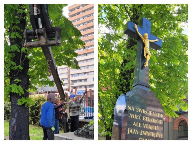 Zdewastowany krzyż z parafii św. Jadwigi w Chorzowie wrócił na swoje miejsce