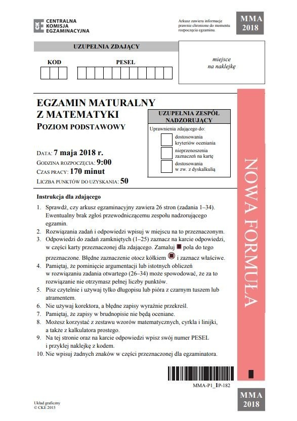 Matura matematyka - ODPOWIEDZI, ARKUSZE, ROZWIĄZANIA, PYTANIA, TESTY. Egzamin maturalny 07.05.2018