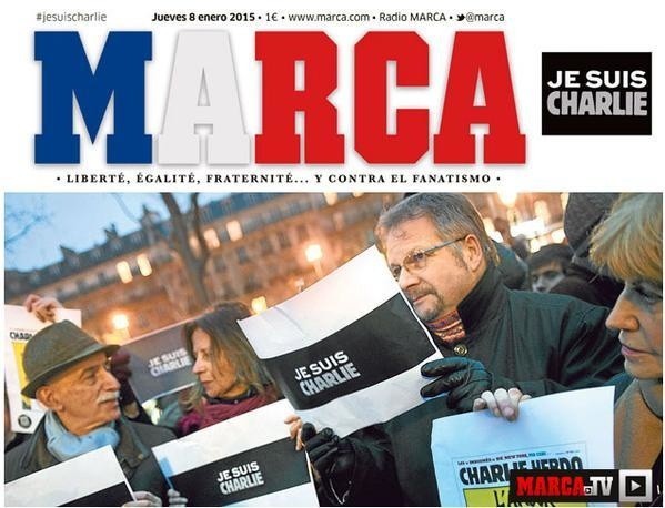 Okładka gazety Marca poświęcona pamięci ofiar ataku terrorystycznego w Paryżu