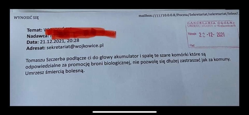 Burmistrz Wojkowic otrzymał maila, w którym ktoś grozi mu...