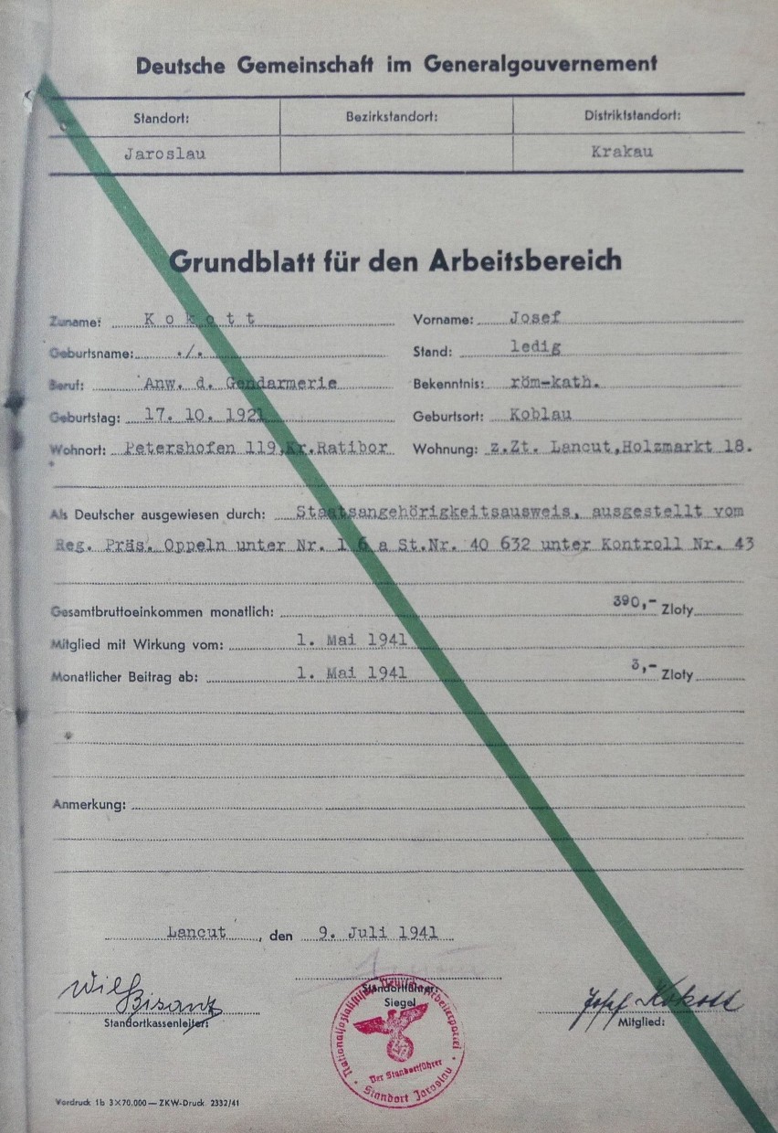 Dokument z lipca 1941 r. potwierdzający służbę J. Kokota w...