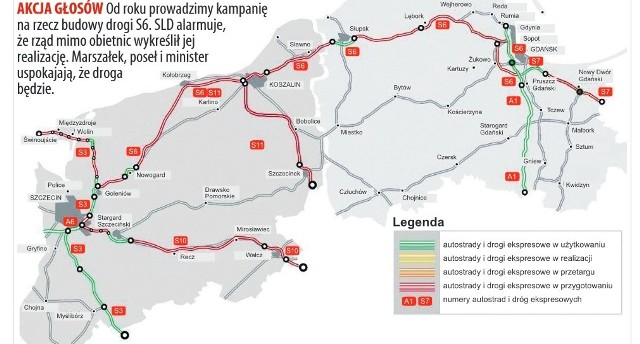 Droga ekspresowa S6 ma połączyć Szczecin z Kołobrzegiem, Koszalinem, Słupskiem, Lęborkiem i Trójmiastem. Długość zachodniopomorskiego odcinka wynosi ok. 180 km, pomorskiego ok. 130. W planach jest wybudowanie drogi ekspresowej, dwujezdniowej po dwa pasy ruchu w każdą stronę o szerokości 3,5 m każdy.