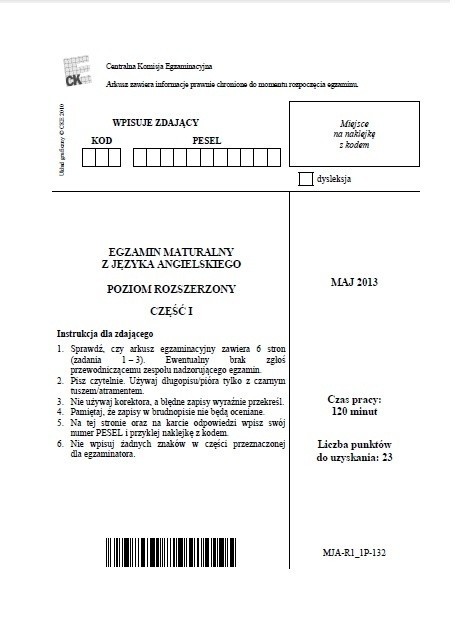 MATURA 2013. Język angielski - poziom rozszerzony [ARKUSZE, ODPOWIEDZI, KLUCZ CKE]