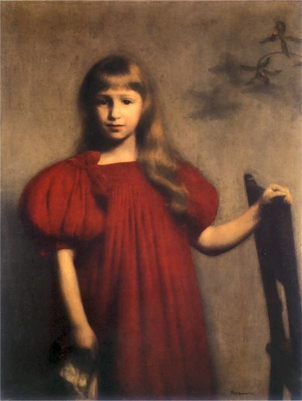 Obraz pędzla Józefa Pankiewicza z roku 1897. Wybitne malowidło, przedstawiające kilkuletnią dziewczynkę o drobnej twarzy i regularnych rysach, rozpuszczonych blond włosach i jasnej karnacji. Cierpliwie wsparta lewą ręką o zapiecek krzesła pozuje malarzowi patrząc przed siebie i trzymając w prawej dłoni śnieżnobiałą chustkę, niczym infantka z dzieła Velazqueza. Ubrana jest w wytworną, czerwoną suknię wizytową, spiętą na ramieniu kokardą. Obraz został nagrodzony II nagrodą (pierwszej nie przyznano) w konkursie Towarzystwa Zachęty Sztuk Pięknych. W zbiorach Muzeum Narodowego w Kielcach od 1965 roku.