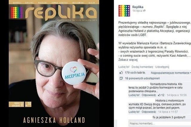 Agnieszka Holland na okładce magazynu "replika" (fot. screen z Facebook.com)