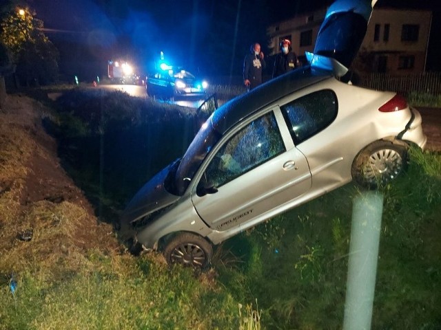 W miejscowości Wielopole, w powiecie dąbrowskim pijany kierowca Peugeota wjechał do rowu. Wszyscy jadący samochodem zostali ranni.Fot. Policja