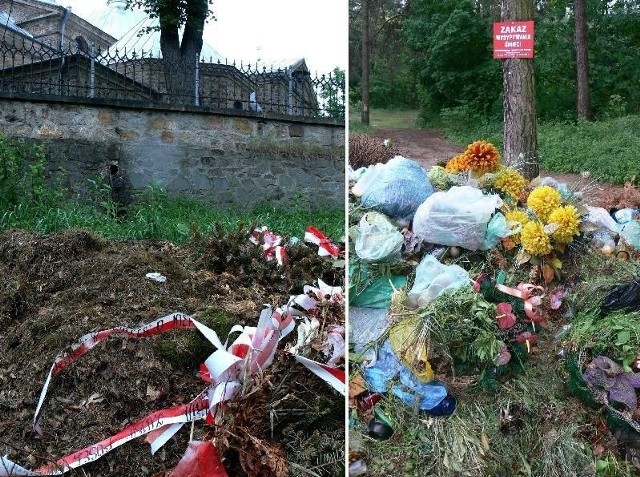 Za kościelnym ogrodzeniem znaleźliśmy między innymi wiązankę od posłanki Marii Zuby.  Po sprzątaniu wokół cmentarza nie ma prawie śladu. Ludzie bez żenady wyrzucają odpadki za mur mimo tablicy o zakazie śmiecenia.